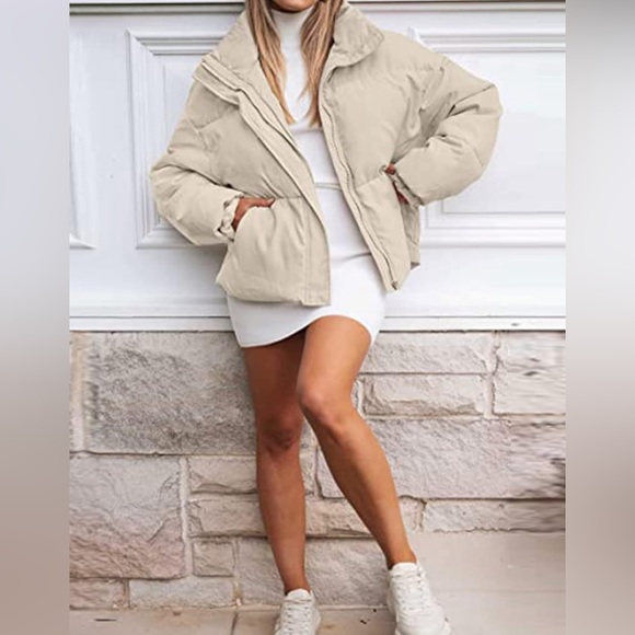 Jackets & Blazers - Cropped Puffer Jacket Zip Up Stand Collar Padded Coat Long Sleeve Quilted